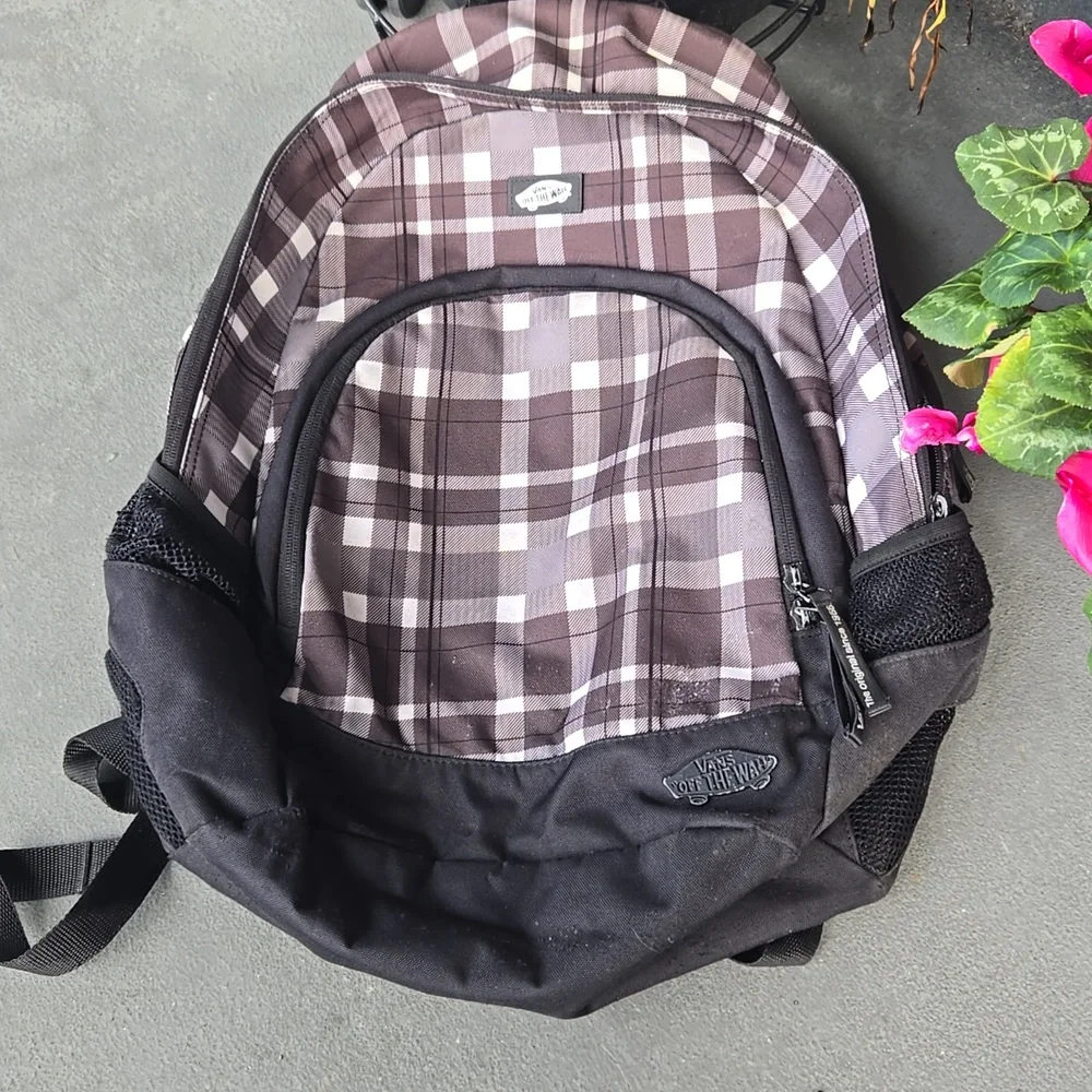 Vans Black White Plaid Backpack School Campus Skater Y2K Streetwear Travel Bag